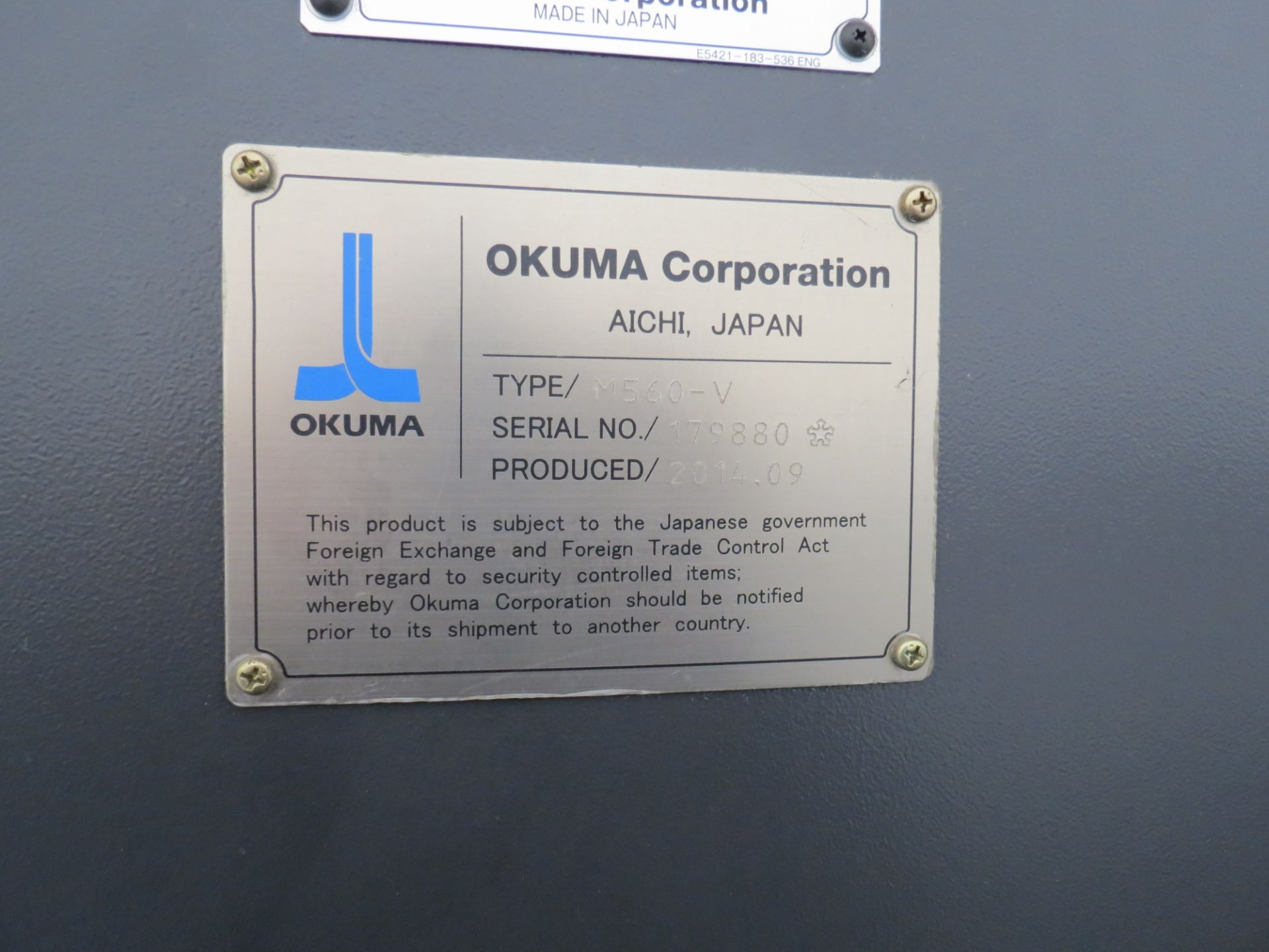 2014 OKUMA GENOS M560-V CNC VERTICAL MACHINING CENTER WITH OKUMA QSP-P300M CONTROL, SN: 179880, - Image 10 of 11