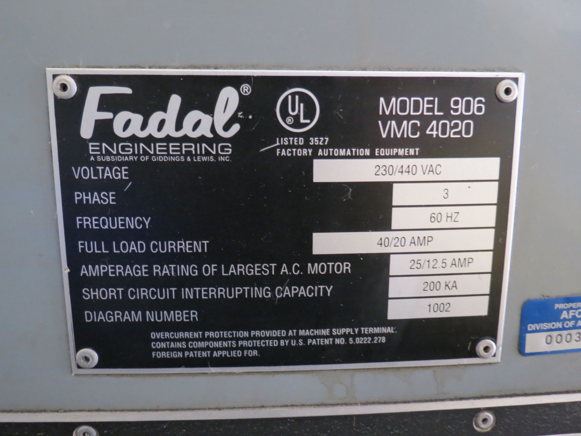 1998 FADAL MODEL: 906 VMC4020 VERTICAL MACHINING CENTER WITH FADAL CNC 88HS CONTROL, 230/440VAC, - Image 17 of 19