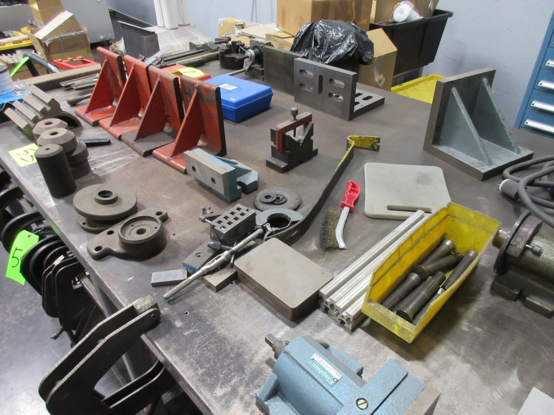 PALLET OF ASSORTED TOOLS, BAR CLAMPS, 3-JAW CHUCK, SET UP RIGHT ANGLE PLATES NON-SLOTTED, GRIND ALL
