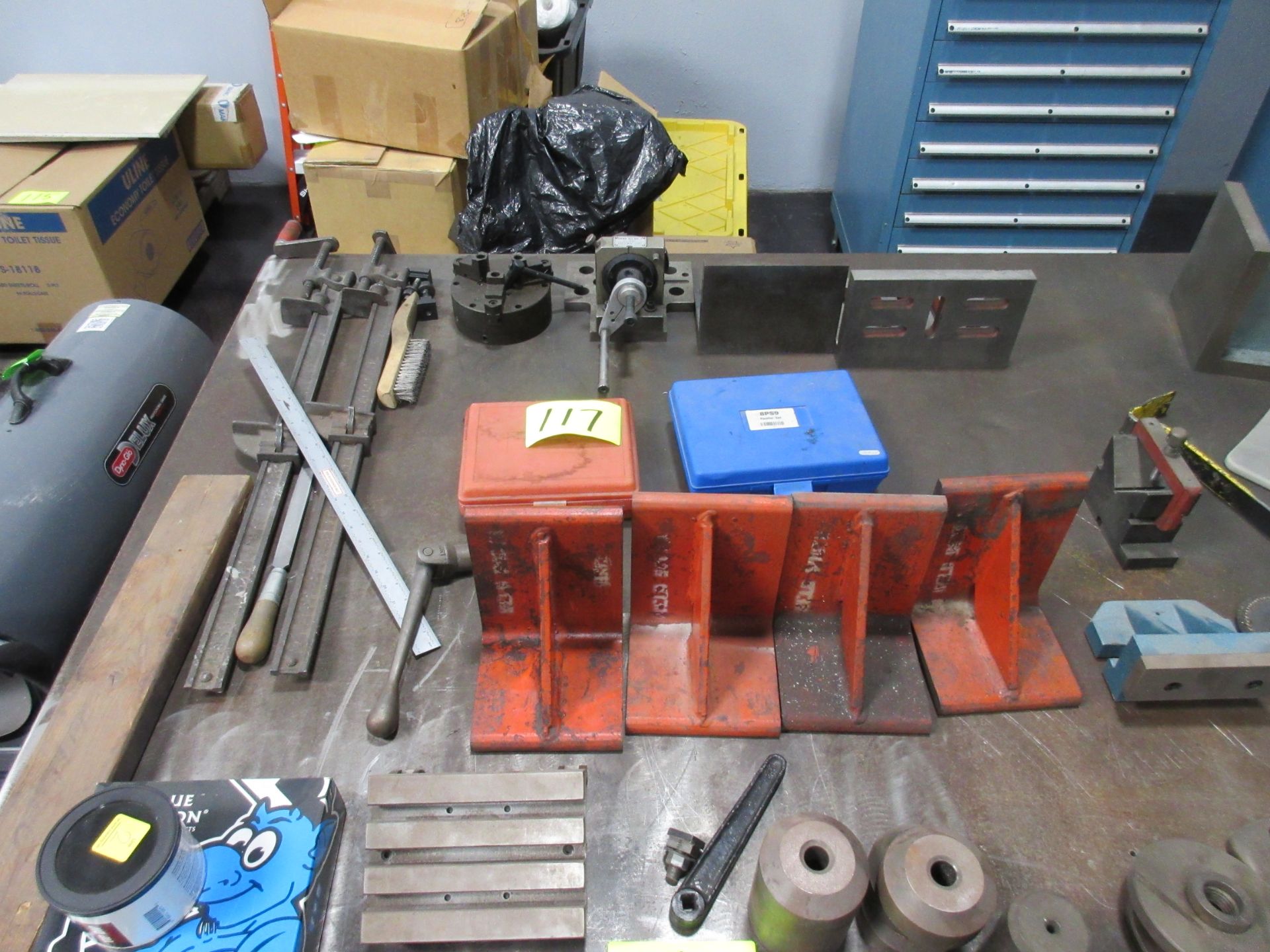 PALLET OF ASSORTED TOOLS, BAR CLAMPS, 3-JAW CHUCK, SET UP RIGHT ANGLE PLATES NON-SLOTTED, GRIND ALL - Image 2 of 15
