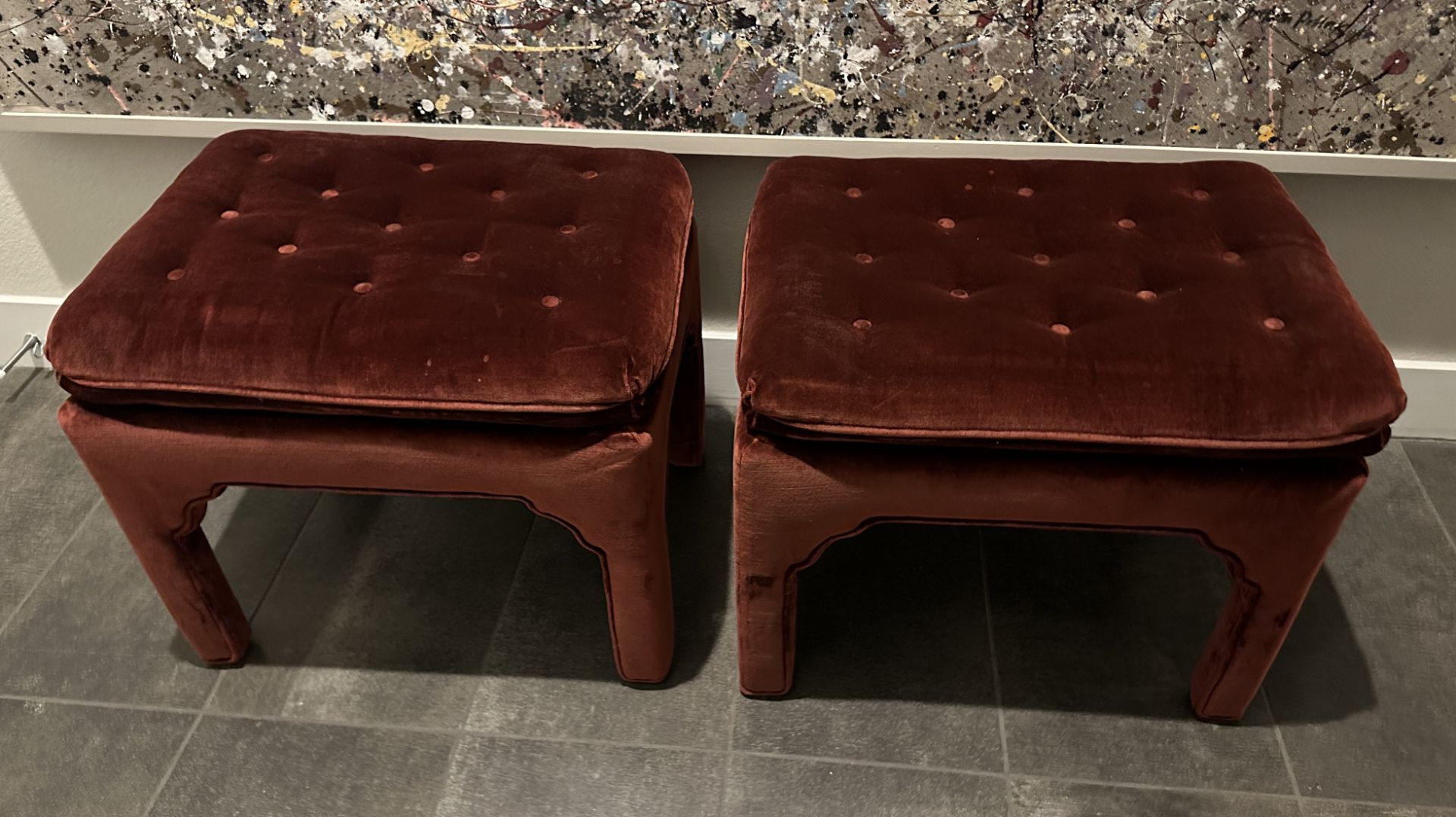 2 DARK RED VELVET END STOOLS, CHAIRS