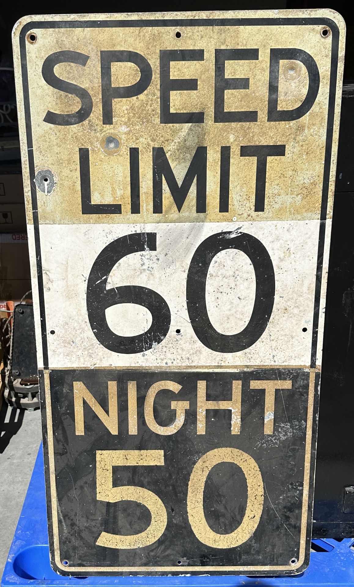 VERY OLD STREET SIGN WITH POSTED SPEED LIMITS DATES AROUND 60'S