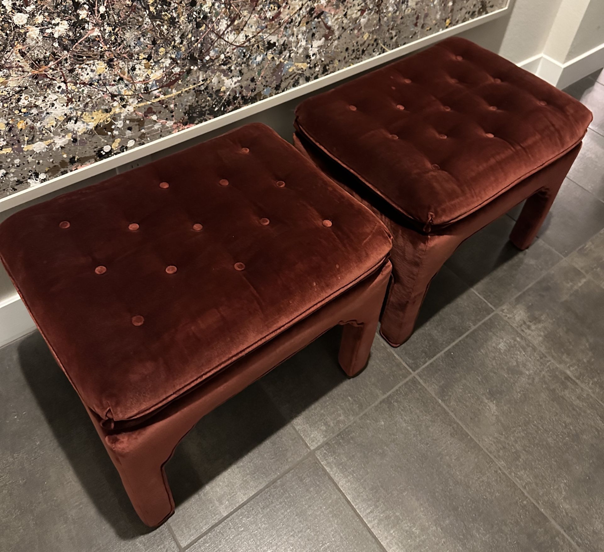2 DARK RED VELVET END STOOLS, CHAIRS - Image 3 of 3