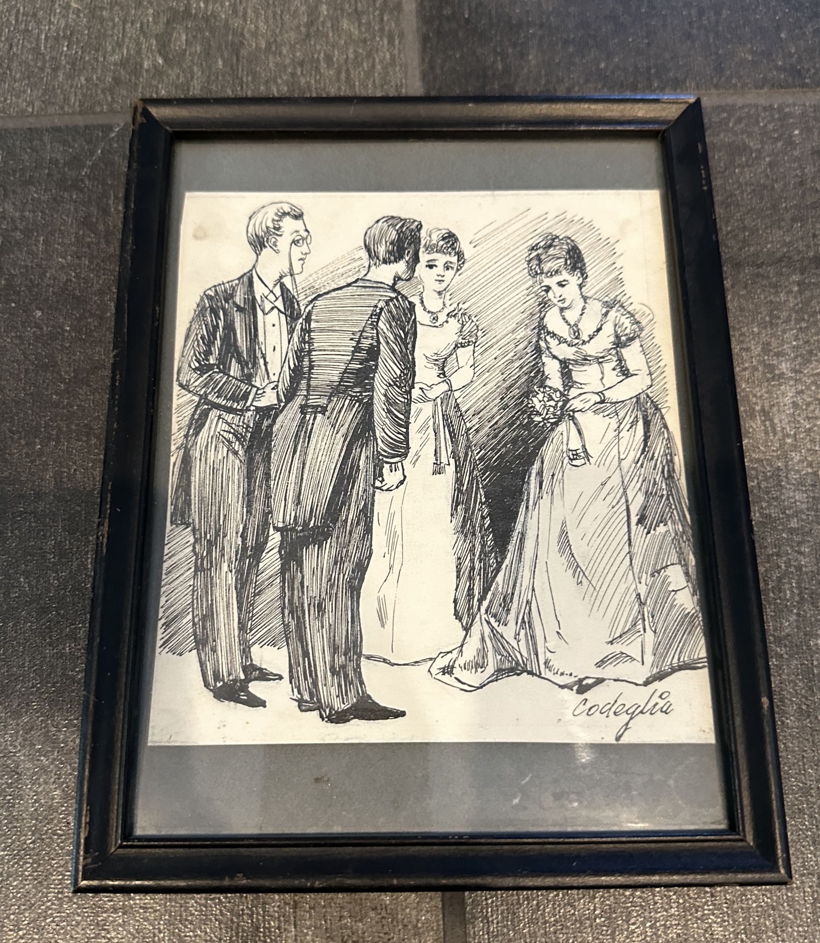 SMALL PRINT OF ANTIQUE SCENE / DRAWING FRAMED