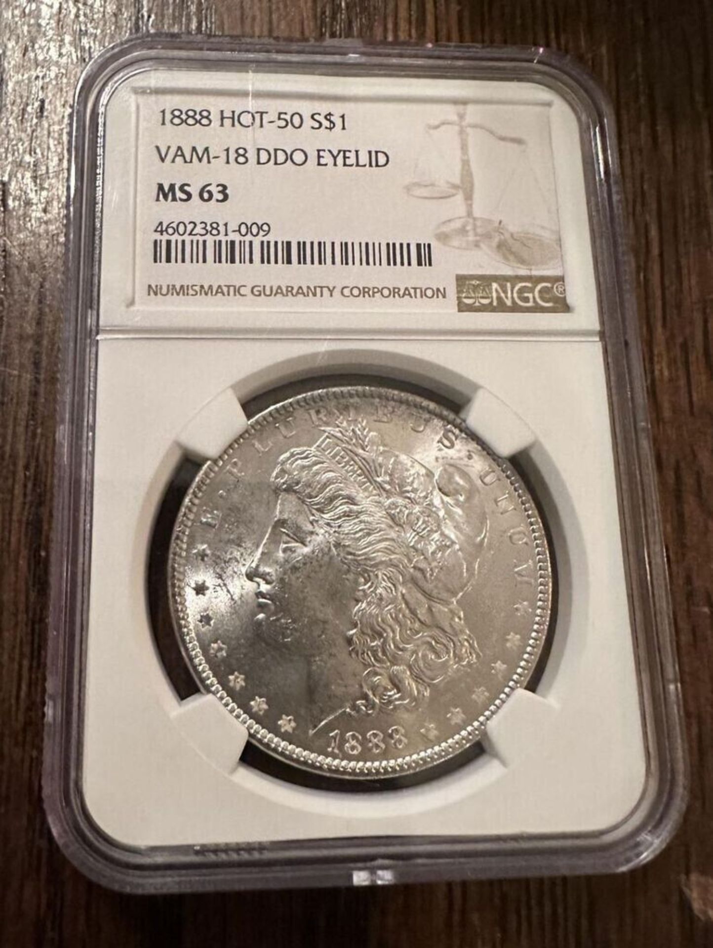 1888 HOT 50 $1 VAM-18 DDO EYELID MS 63 COIN