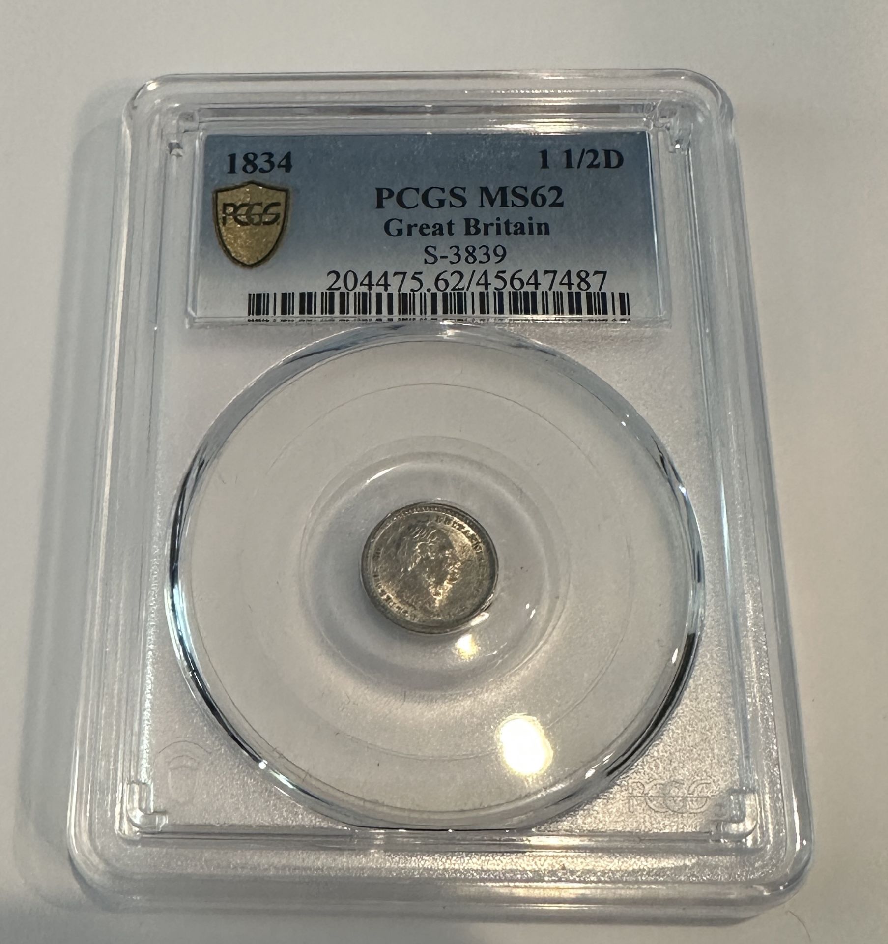 PCGS MS62 1834 1-1/2 D GREAT BRITAIN COIN