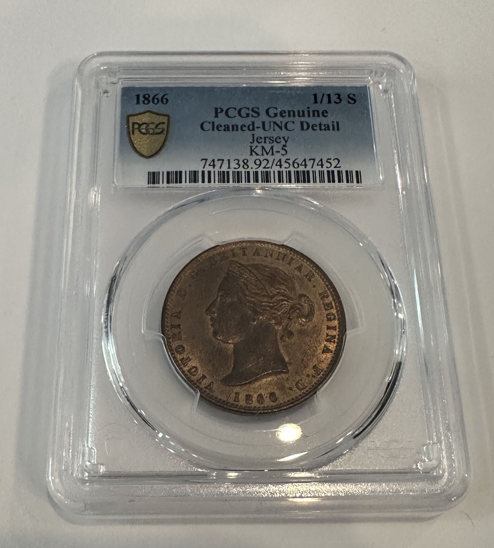 1866 PCGS 1/13S CLEANED-UNC DETAIL JERSEY KM-5