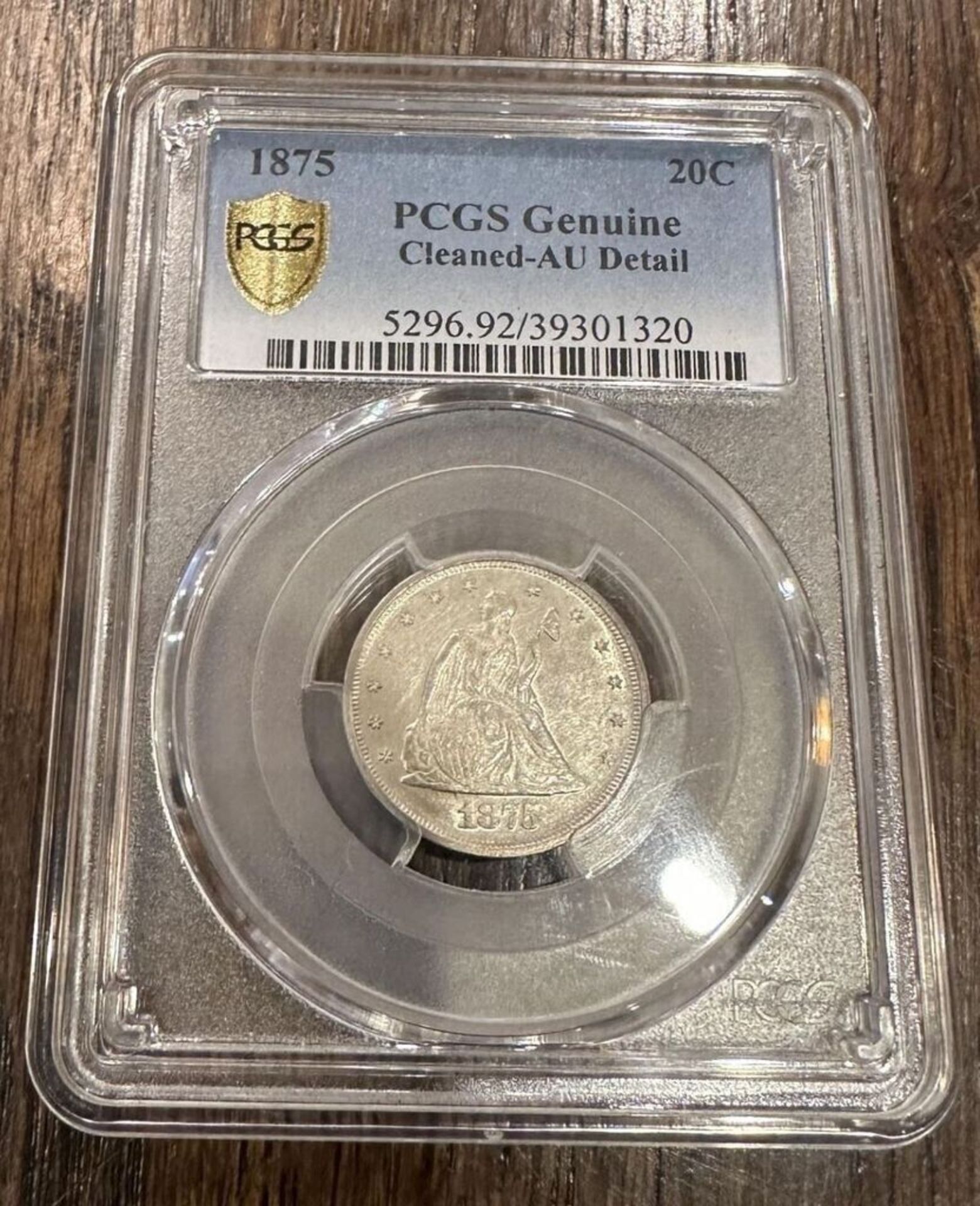 1875 PCGS GENUINE CLEANED-AU DETAIL 20C PCGS COIN