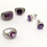 3 silver stone set rings inc amethyst t/w pair of earrings - 29g total weight