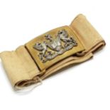 Antique Exeter coat of arms gilt unmarked silver belt buckle - 5.5cm x 4.5cm on original sash