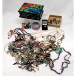 Qty of costume jewellery inc necklaces, earrings, Balinese glass decorated box etc