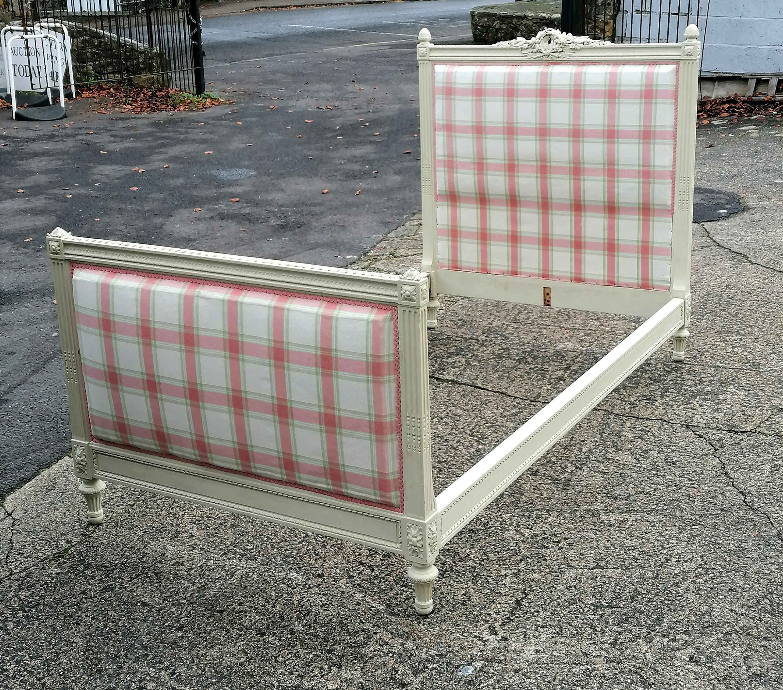 French carved painted single bed upholstered in pink checked fabric. headboard 123cm high x 110cm