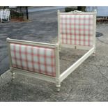 French carved painted single bed upholstered in pink checked fabric. headboard 123cm high x 110cm