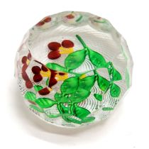 St Louis 1985 three cherries miniature facetted glass paperweight with central cane marked