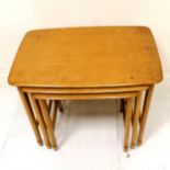 Mid 20th C Remploy nest of 3 oak coffee tables largest 60cm x 40cm x 49cm small markings to tops