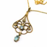 9ct hallmarked gold Edwardian style pendant set with aquamarine & seed pearls on a 9ct hallmarked
