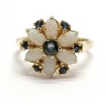 14ct hallmarked gold sapphire & opal flower cluster ring - size O & 3.4g total weight