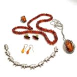 Qty of amber and silver jewellery inc pig bracelet, pendant brooch on chain, pendant (not marked),
