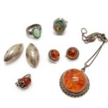 Silver and amber pendant on silver 44cm chain t/w pair of clip-on amber earrings & brooch, silver