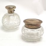 Silver topped glass bodied scent bottle - 11cm high (dents to lid) t/w Chester silver lidded jar (no