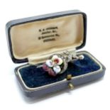 Unmarked silver enamel pansy bar brooch set with seed pearls in a retail box - 4cm across ~ has