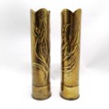 Pair of trench art style shell case vases - 35cm high - slight distortion to tops