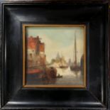 Framed & signed hand painted tile depicting a town scene in Holland (?) inc river - frame 24.5cm