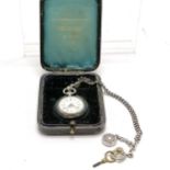 Antique silver cased ladies fob watch (30mm case) on an unmarked silver albertine chain (20cm & a/f)
