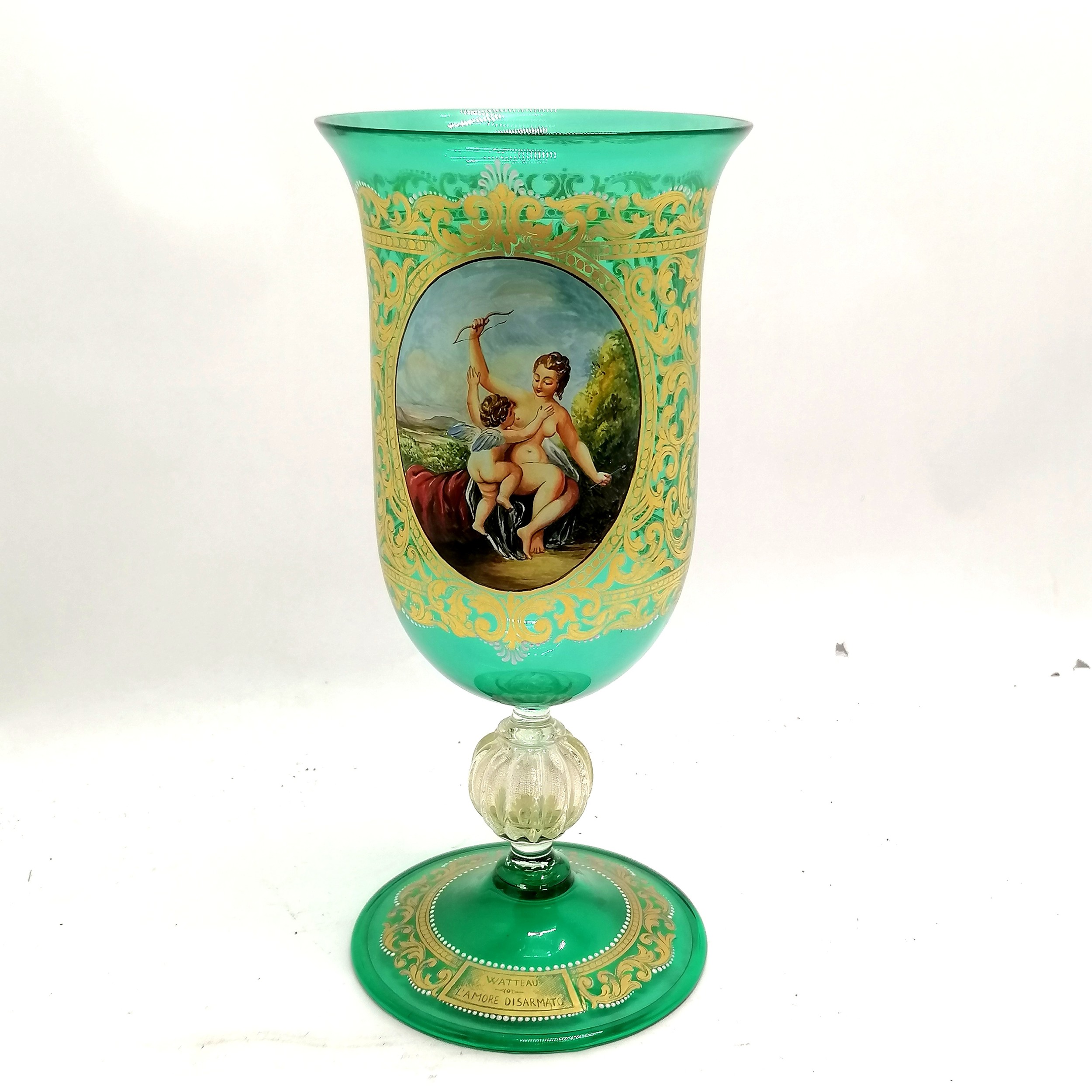 Large French green glass goblet/vase with hand painted scene and gilding Watteau L'amore