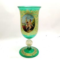 Large French green glass goblet/vase with hand painted scene and gilding Watteau L'amore