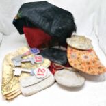 Qty of textiles inc antique runner (a/f), 5 x bags (inc tapestry zip top) etc - all a/f