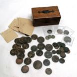 Wooden money box with qty of 18th / 19th century coinage - mostly GB + France / Ceylon / Italy &