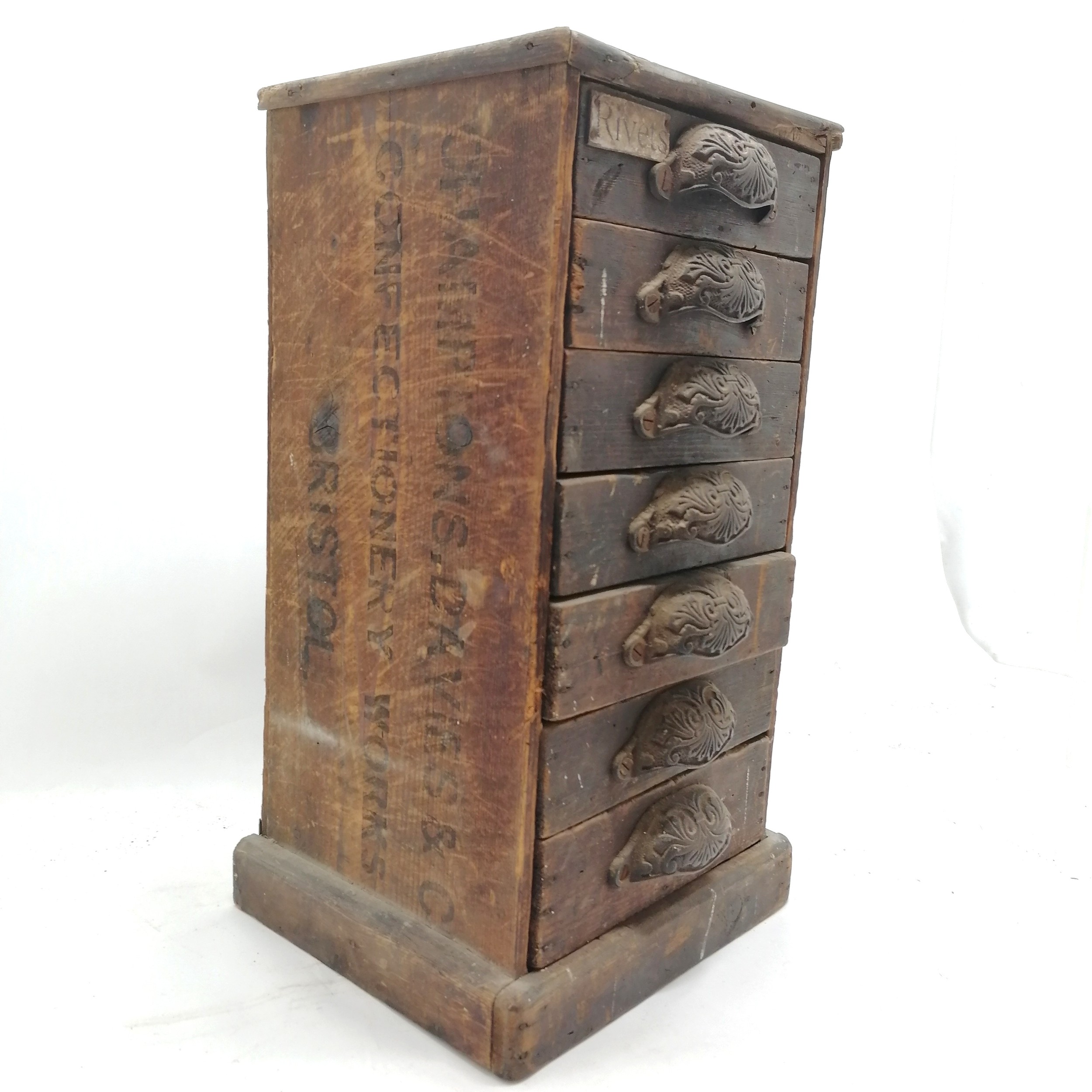 Antique pine flight of 7 collectors drawers made from an old crate 44cm high x 25cm x 22cm deep - Image 4 of 4