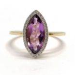 18ct hallmarked gold marquise amethyst & diamond cluster ring - size S & 4.6g total weight