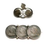 2 silver brooches made from GB coins - 1 made from 3 x QV 1901 6ds & the other made from cut-outs of