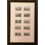 A framed set of ten Miniature Baxter prints, depicting people on horseback, and buildings