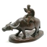 Bronze study of a man riding a water buffalo - 18cm long x 15cm high ~ 1 leg fractured & missing