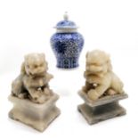 Pair of hand carved Chinese soapstone dogs of fo - 17cm high ~ with obvious knocks & losses t/w blue
