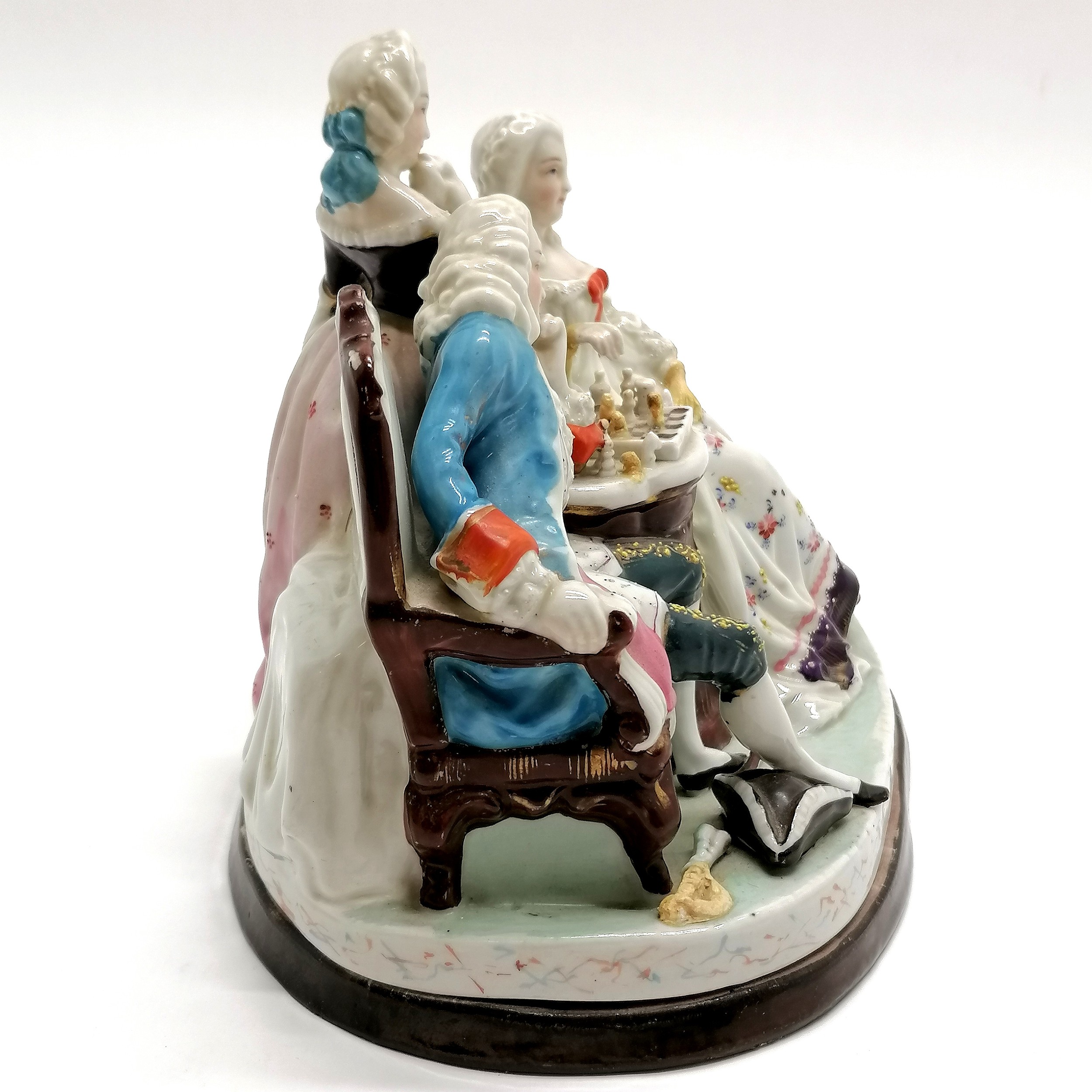 Antique German porcelain inkstand as a group of 3 figures playing chess - 18cm high ~ missing 1 - Image 5 of 10