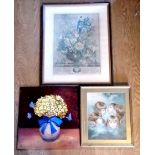 Still life oil on board Hydrangea heads and butterflies, t/w framed print of cherubs, t/w framed