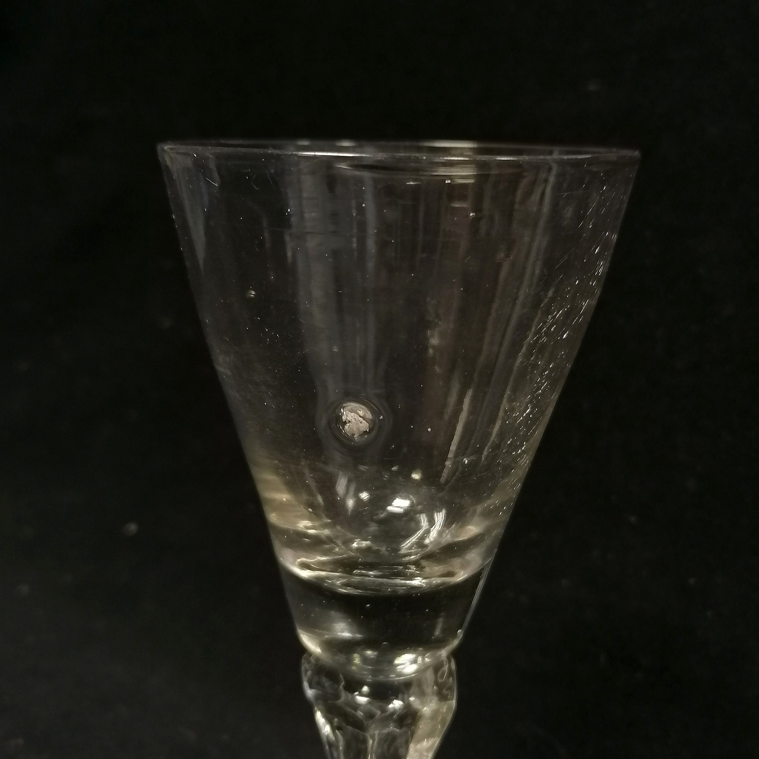 RARE c.1720 wine glass with unusual moulded panel stem terminating on a folded footrim - 15cm high & - Image 5 of 5