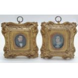 Pair of Antique framed portrait miniature portraits of a man and a woman with ringlets 12cm x 12cm