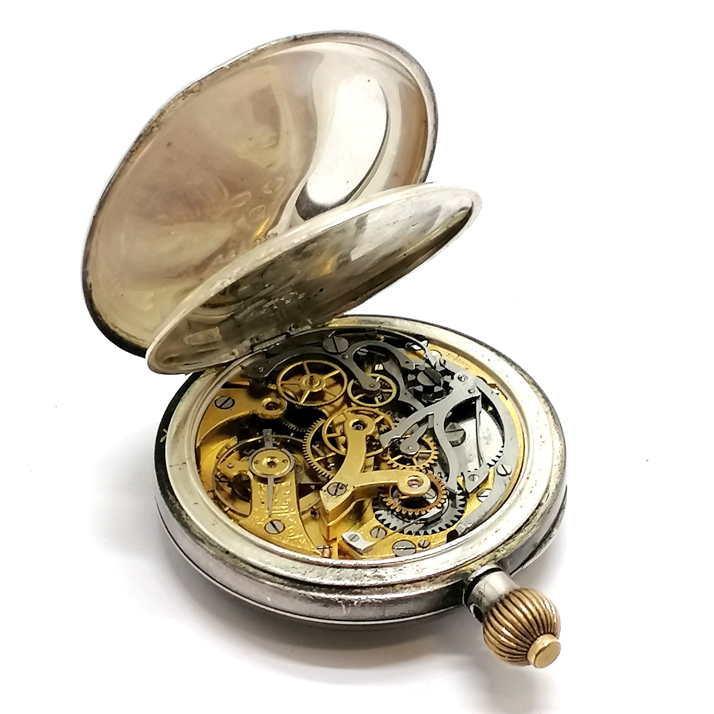 Antique silver cased chronograph pocket watch - 45mm diameter & lacks 1 hand to sub-dial, winder - Image 2 of 2