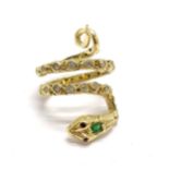 Unmarked 18ct gold designer snake ring by AK set with emerald / diamonds & ruby eyes - size R & 16.
