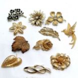 11 x large mostly gold tone brooches inc flower, leaf & bird (10cm) - SOLD ON BEHALF OF THE NEW