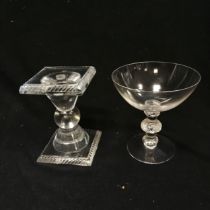 Lalique hourglass shaped candle stand (12cm high) T/W Lalique wine glass with decorated triple knops
