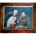 Walnut framed pears style print of two monks enjoying a meal after John T Bowen (1801-56) ~ 69 cms