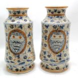 Pair of continental vases with hand painted blue and mustard decoration 33cm high. In good used
