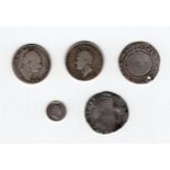 5 x GB silver coins ~ Queen Elizabeth I 1568 + 1596 6d coins, 1784 George III 1d, 1826 George
