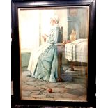 Framed 1915 watercolour painting on board of a seated lady knitting by Minnie Asprey - frame 81.
